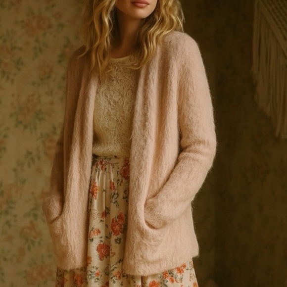 Anthropologie Knitted & Knotted Pink Eyelash Open Front Sweater Cardigan Size XS - Picture 4 of 8